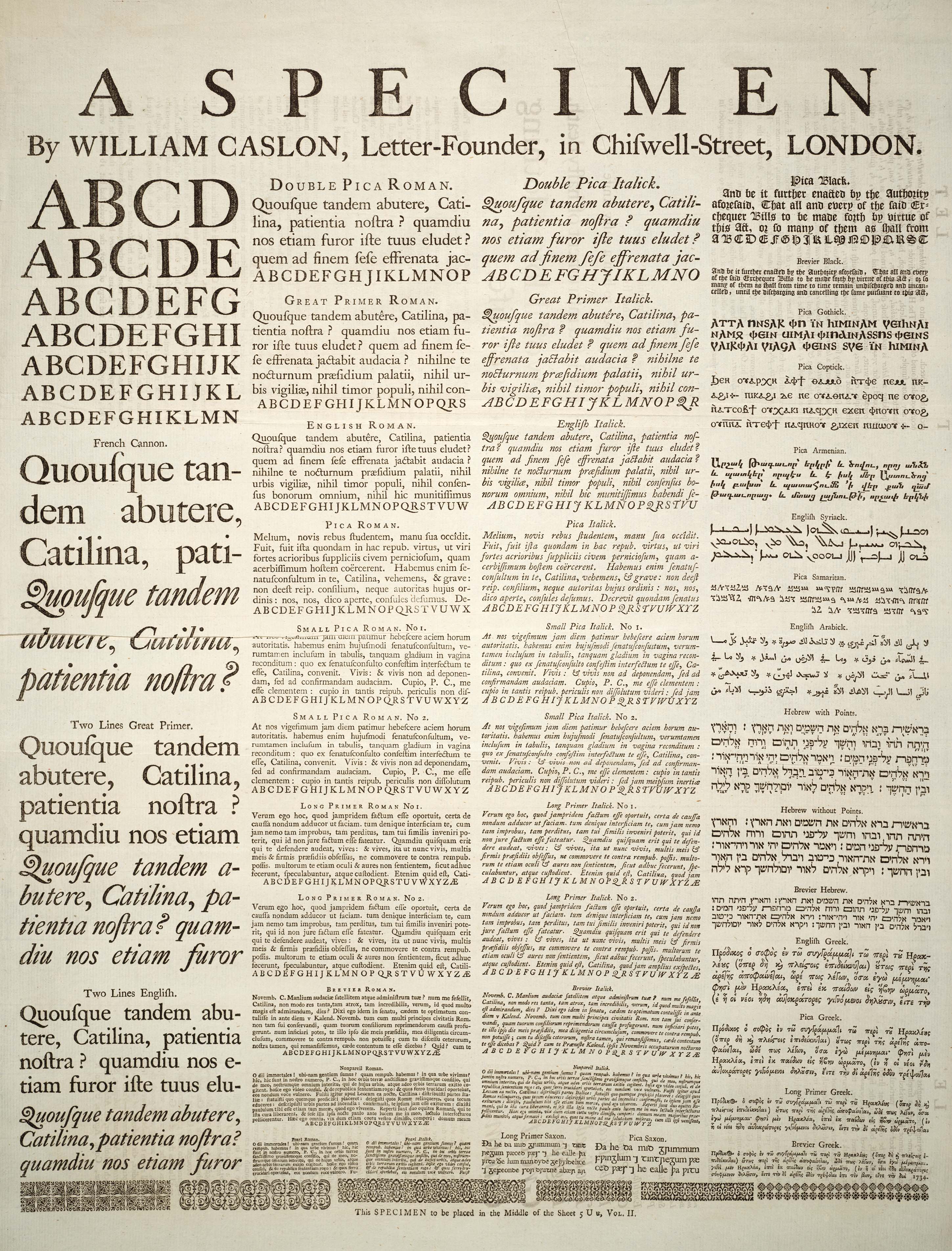 Type specimen sheet by William Caslon showing Roman, italic, Greek, Hebrew, and other letterforms.