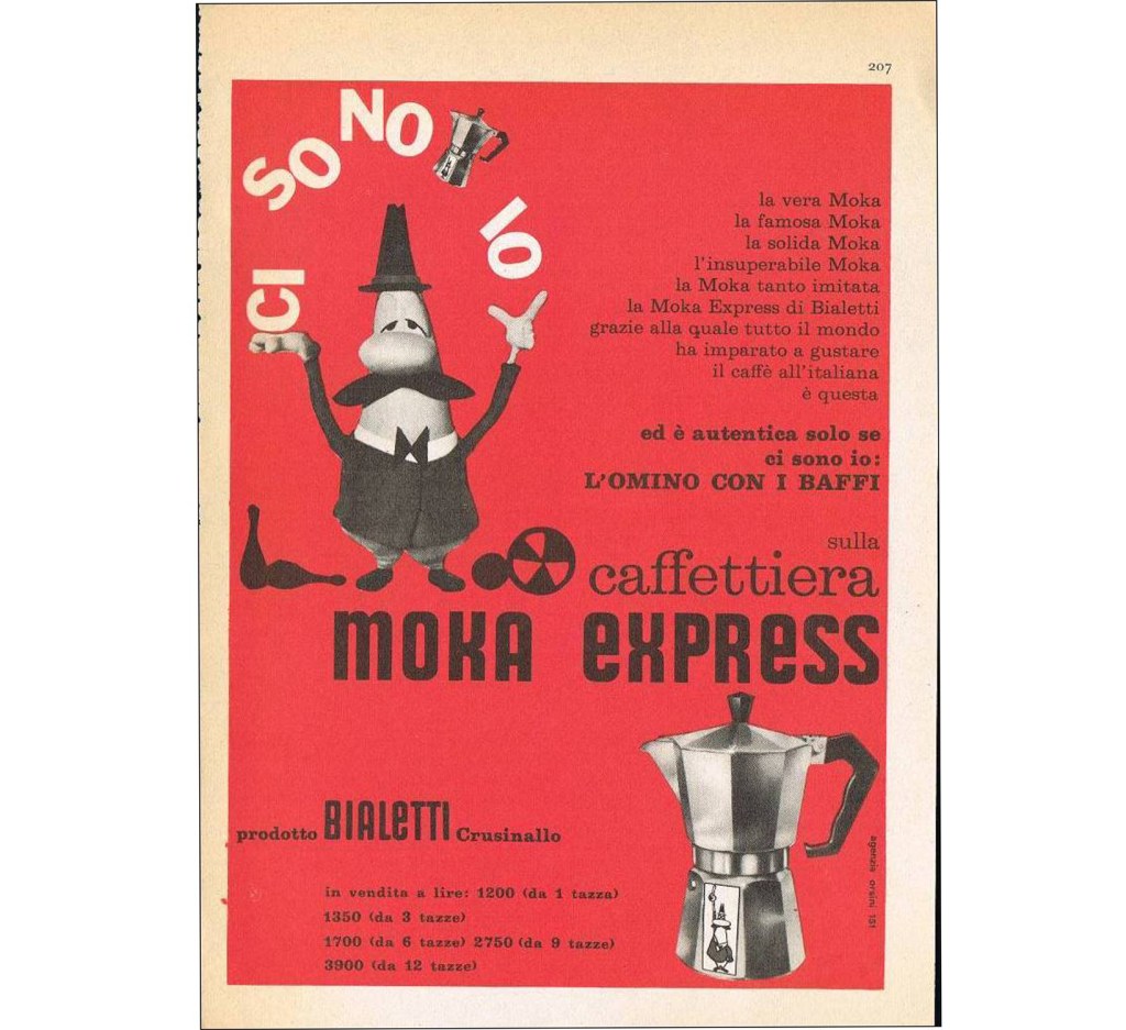 Vintage Italian promotional poster for the Bialetti Moka Express featuring the iconic L'omino con i baffi (the little man with the mustache) mascot on a red background with bold typography.