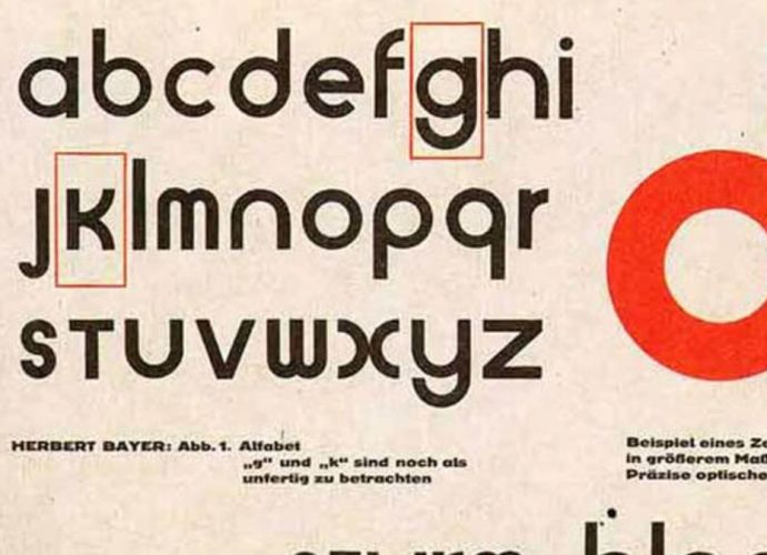 A typographic design by Herbert Bayer showcasing the Universal typeface, a geometric sans-serif font with a modernist Bauhaus influence. The image features lowercase letters in bold, clean lines with a red-highlighted "d" on the right side.