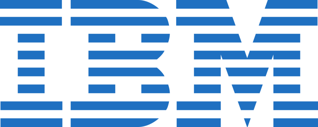 IBM logo with blue horizontal stripes, designed by Paul Rand, representing innovation and technology.