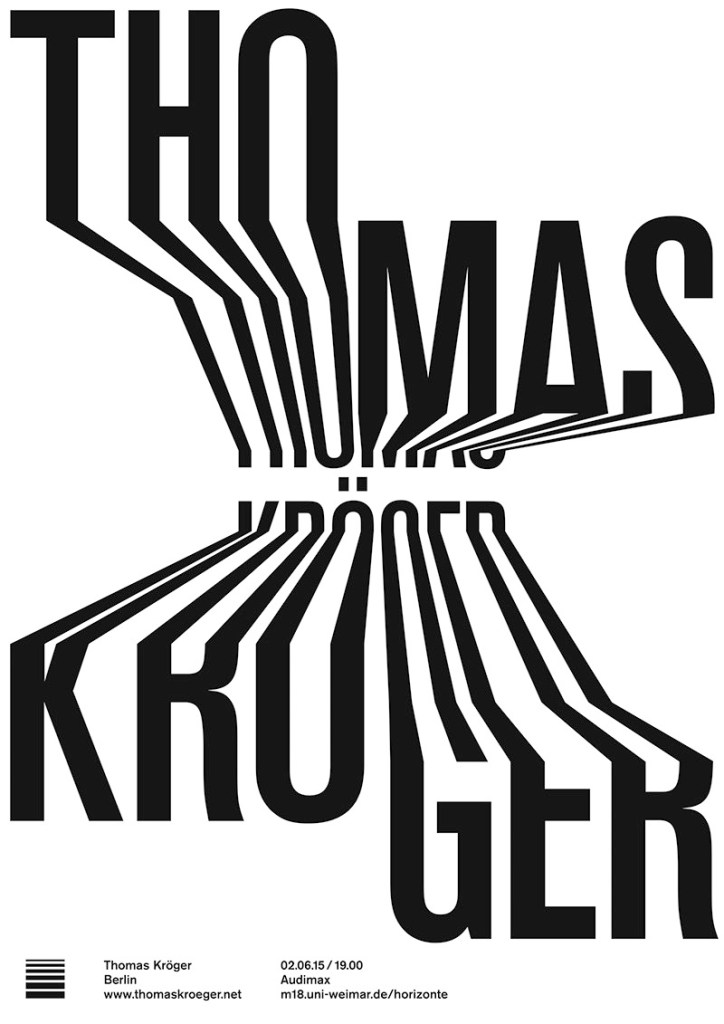Typographic poster for 'Thomas Kröger' using high-contrast black and white with stretched, distorted text for an optical effect.