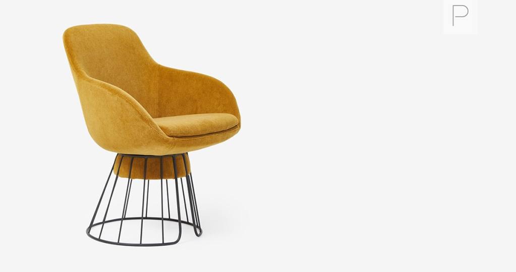 Otto Swivel Chair with mustard-yellow upholstery and a black metal base, featuring a modern curved design.