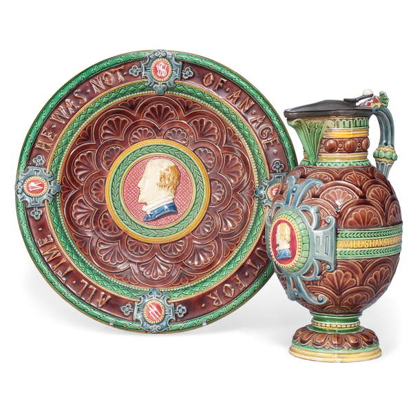 A Minton majolica ewer and stand, 1873 (ceramic)