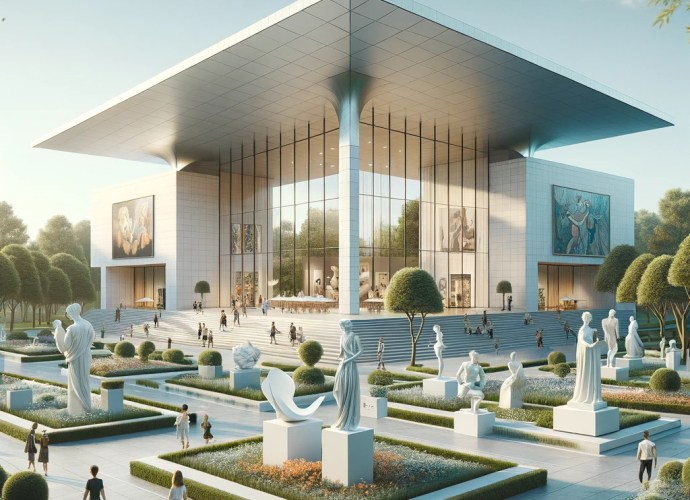 A modern design museum with a grand entrance, minimalist architecture, glass façade, and an outdoor sculpture garden featuring contemporary and classical art pieces.
