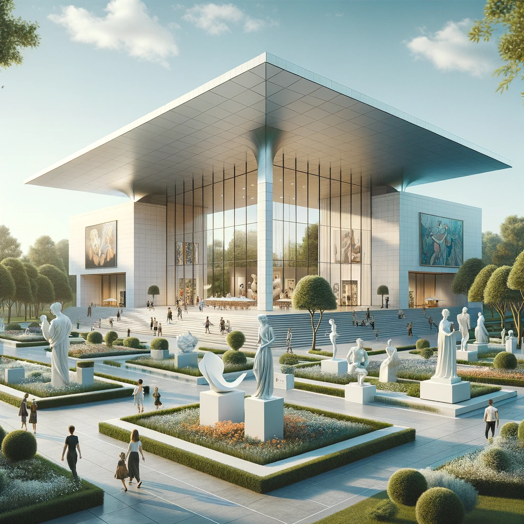 A modern design museum with a grand entrance, minimalist architecture, glass façade, and an outdoor sculpture garden featuring contemporary and classical art pieces.