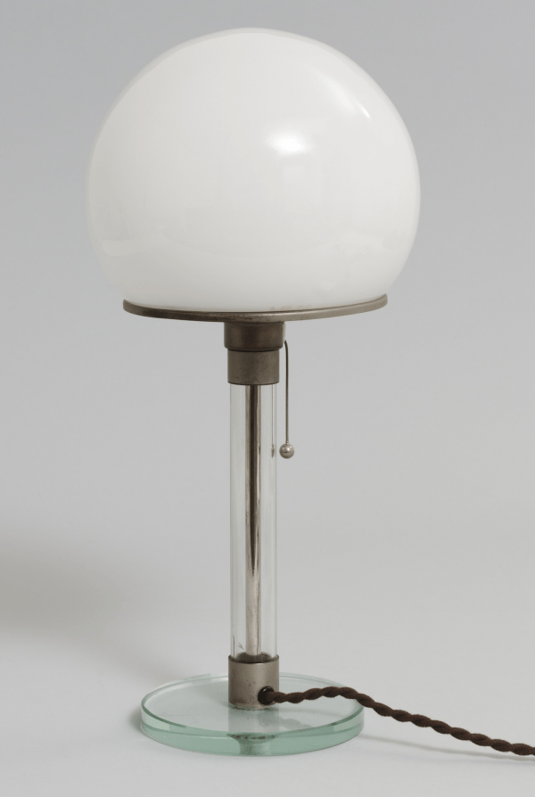 Metal and glass table lamp with opaline shade by Wilhelm Wagenfeld and Jakob Jucker, 1923-24