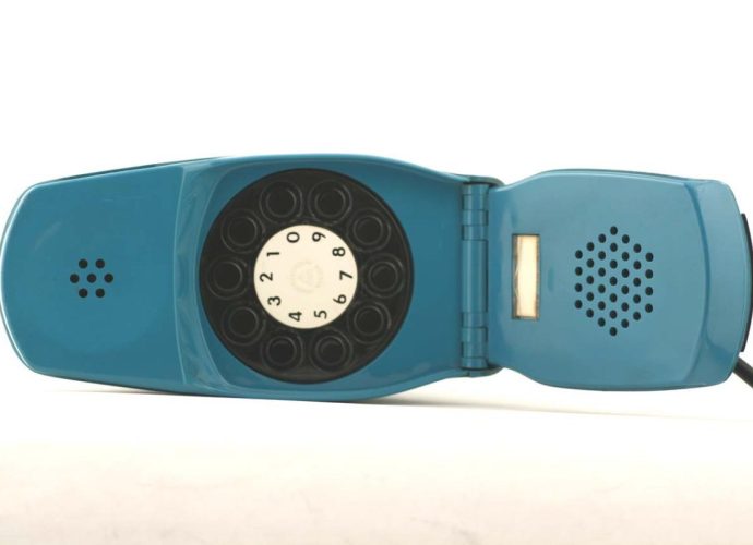 Grillo folding telephone in blue by marco Zanuso