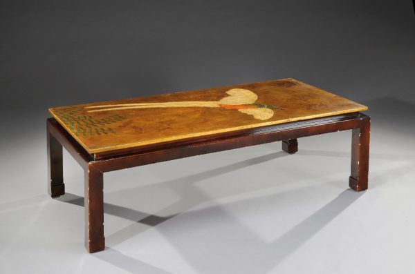 Coffee table with a rectangular top with pheasant wings decoration designed by Louis Misavaine