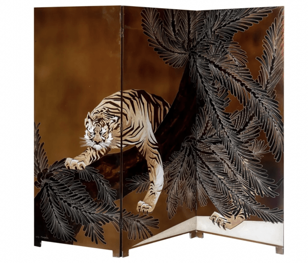 A three-leaf articulated lacquered wood and lacquer torn with decoration of a Bengal tiger leaping from an overturned coconut palm. Designed by Louis Midavaine