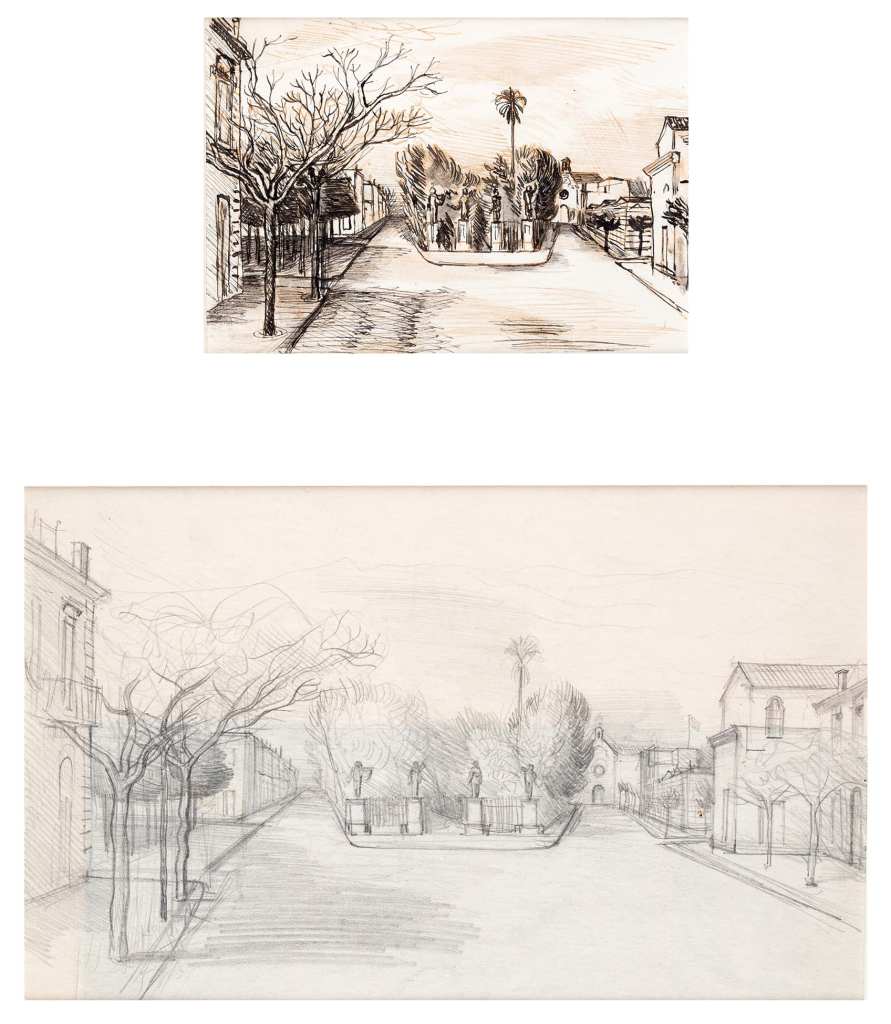 John Aldridge's pen and ink drawing of San Severo and a pencil drawing of the same scene, circa 1944 or 1945.