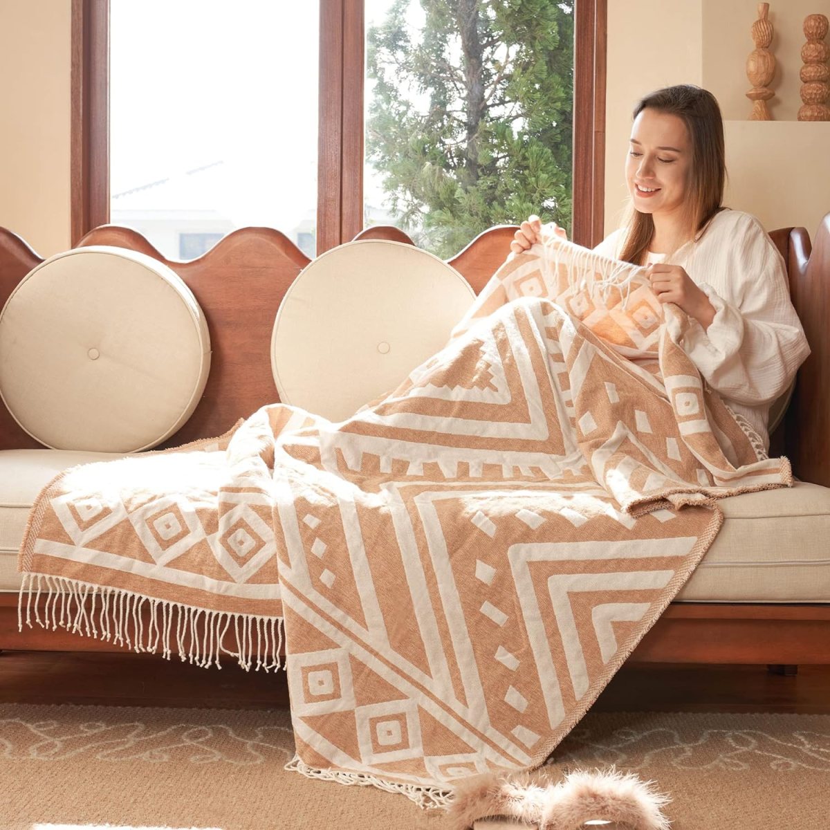 Farmhouse Cotton Chevron Blanket Throw with Fringe