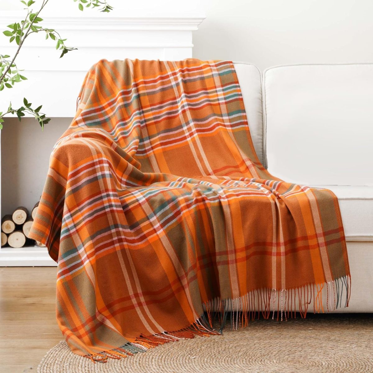 BATTILO HOME Orange Plaid Throw Blanket for Couch – Fall Throw Blanket