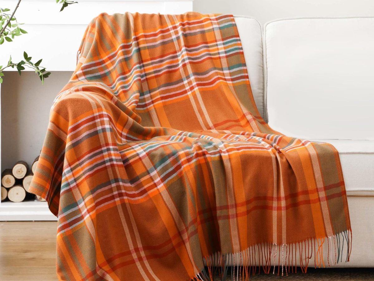 BATTILO HOME Orange Plaid Throw Blanket for Couch – Fall Throw Blanket