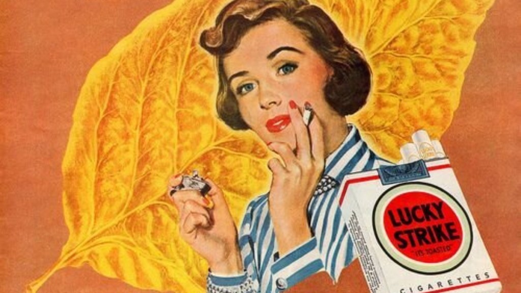 Vintage Lucky Strike cigarette advertisement featuring a stylish woman lighting a cigarette against a backdrop of a large golden tobacco leaf. - 40s and 50s Graphic Design