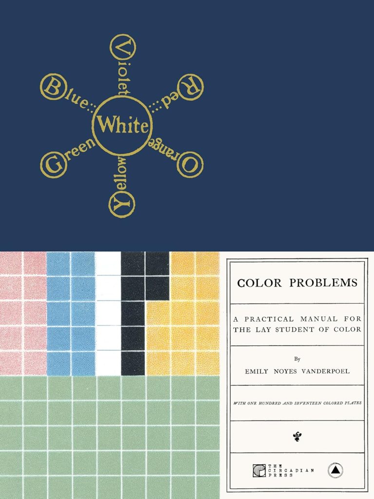 Cover of Color Problems: A Practical Manual for the Lay Student of Color by Emily Noyes Vanderpoel, featuring a dark blue background with a golden color wheel diagram and a grid of pastel-colored squares.