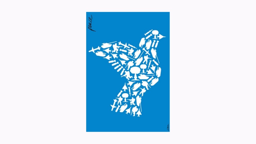 Peace dove composed of war-related symbols, designed by Luba Lukova.