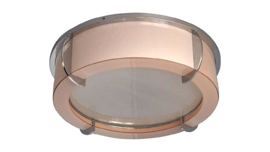 French Art Deco ceiling light by Jean Perzel, featuring pink and white glass with sleek metal accents.