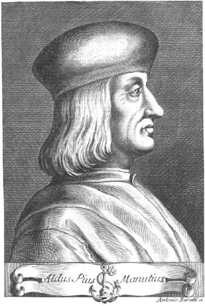 Engraved portrait of Aldus Manutius, the renowned Venetian Renaissance printer and humanist scholar, shown in profile wearing a scholar’s cap.