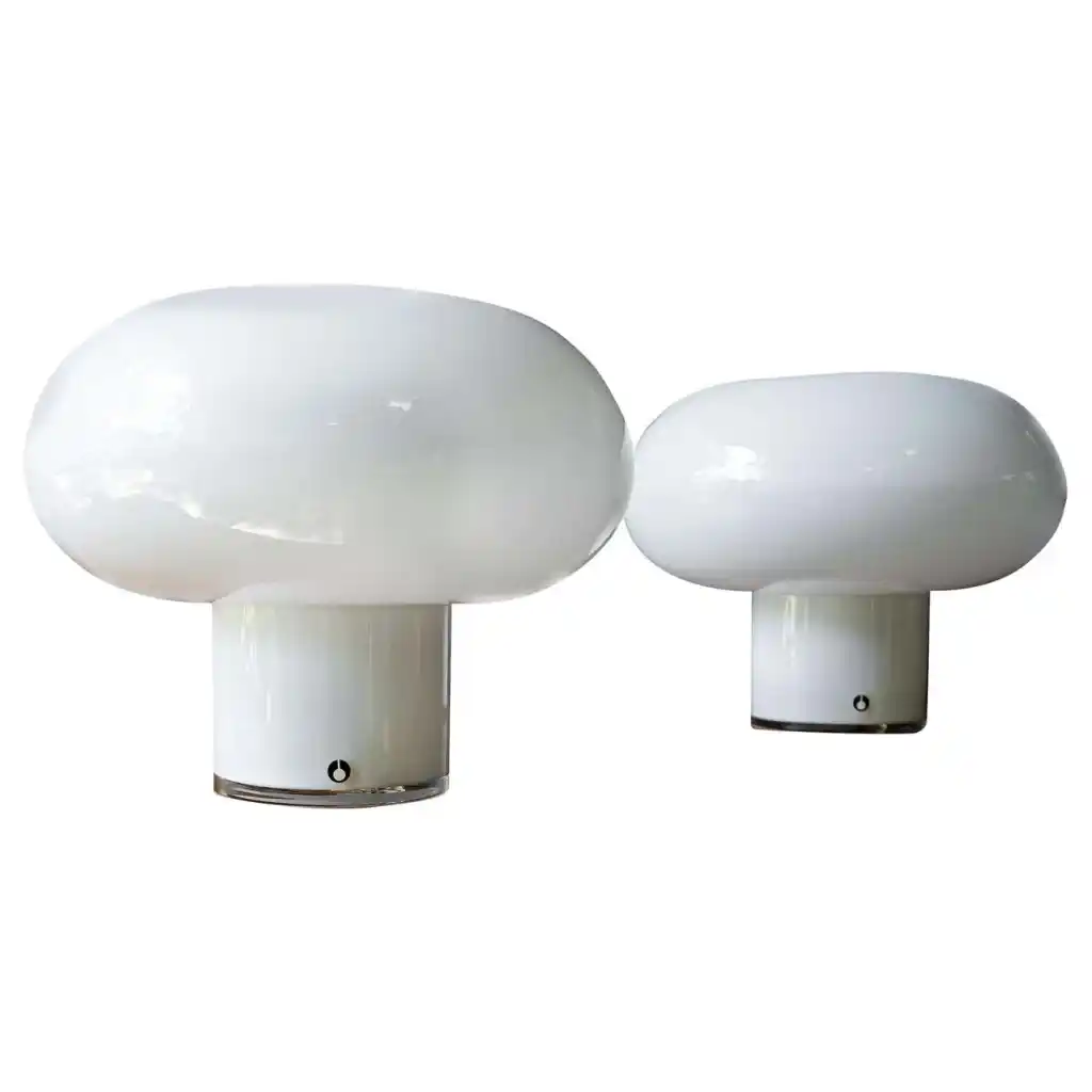 1960s Scandinavian White Cloud Table Lamps Pair Swedish Art Glass Ski Chalet
