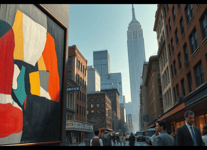 A depiction of early 20th century New York. Modern Art influence.