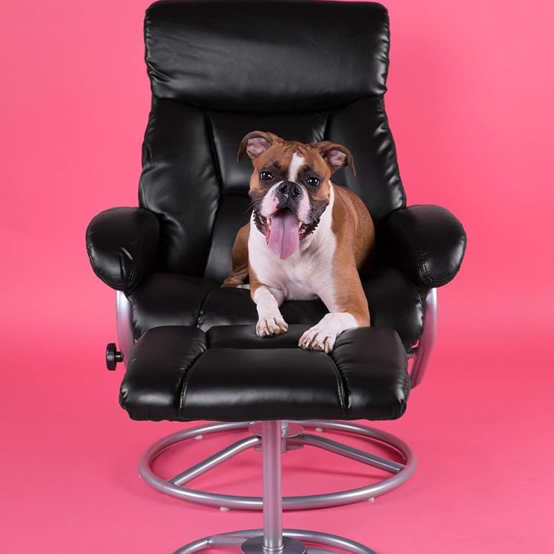Recliner and Ottoman with Metal Base in Black Leather: The Pinnacle of Comfort and Style