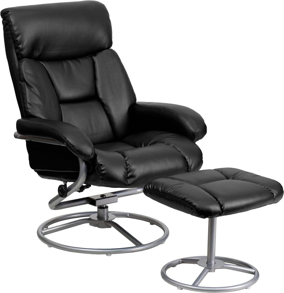 Flash Furniture Barker Contemporary Multi-Position Recliner and Ottoman with Metal Base in Black LeatherSoft