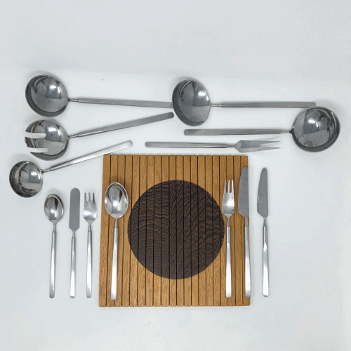 Vintage, Rare Obelisk, Universal Steel, Stainless Steel Flatware, Design By Architect Erik Herlow. 12 Place Settings Plus.