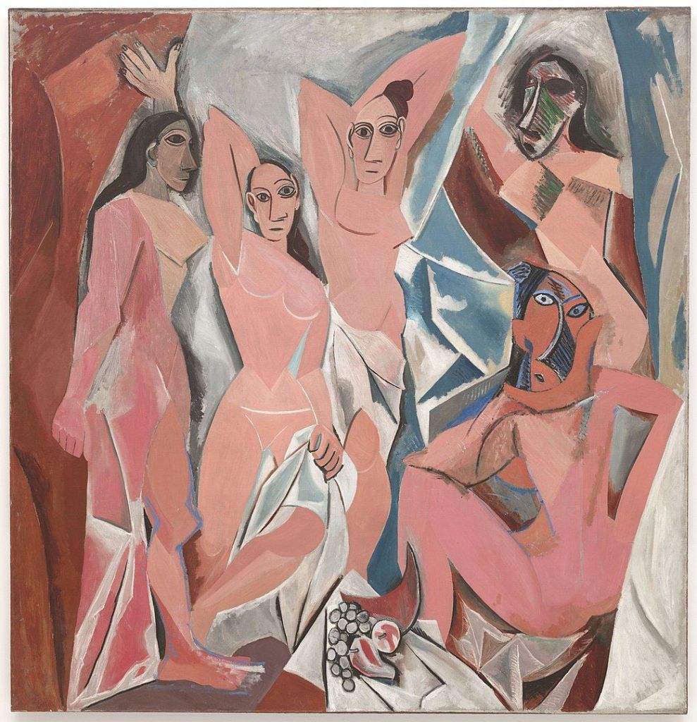 Les Demoiselles d'Avignon, Pablo Picasso, 1907, oil on canvas, 244 x 234 cm; arguably the first cubist painting