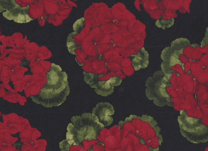Red Geranium Flowers with Green Leaves Floral Quilting Fabric
