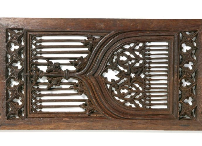Carved oak panel, pierced and ornamented with crockets, in Flamboyant Gothic style, ca. 1480