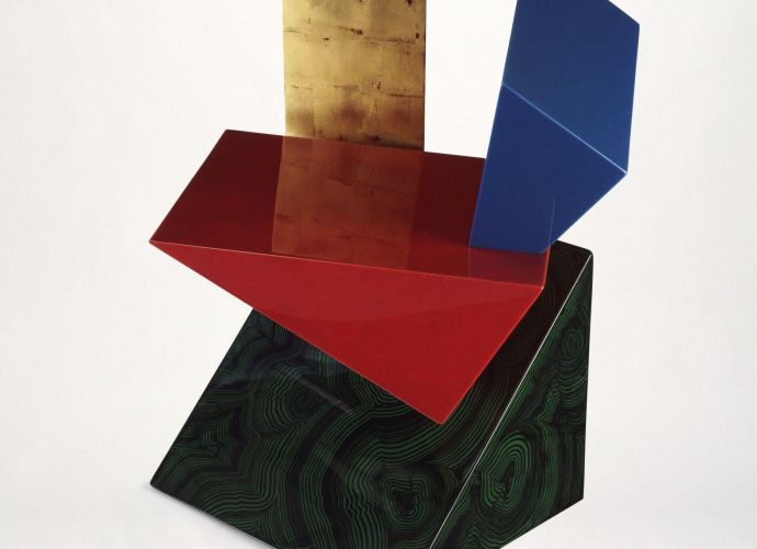 Lacquered (blue, red, black and gold) MDF prismatic volumes interpenetrated in angles designed by Fred Baier