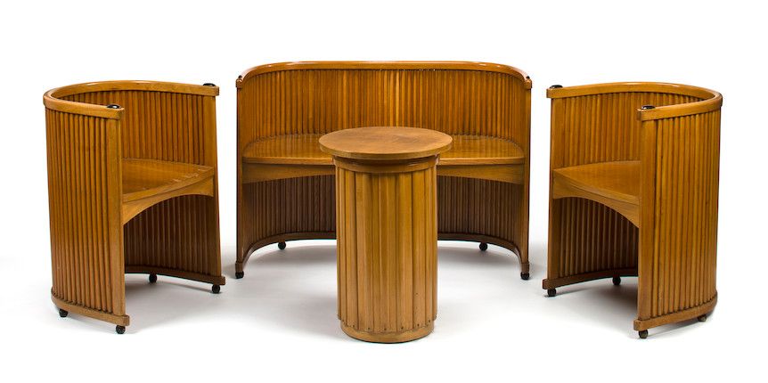 A Robert Oerley three-piece pressed, bent beechwood salon suite