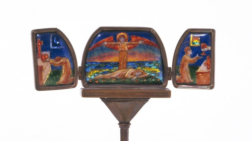 Enamelled triptych by Phoebe Traquair, the stand probably designed by Ramsay Traquair