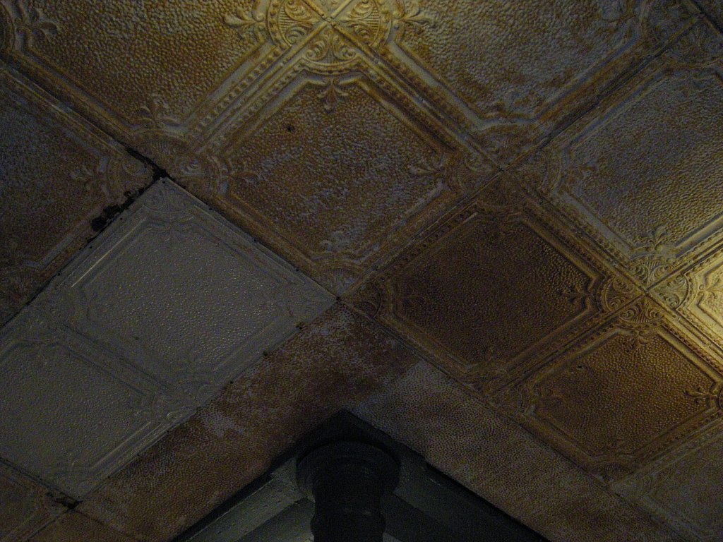 Pressed tin ceiling over a store entrance in Bellingham, Washington, U.S.A.