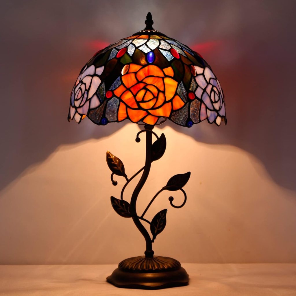 AVIVADIRECT Tiffany Table Lamp Stained Glass Desk Light with Metal Leaf Base W12H19 Inch - Orange Red Rose Style