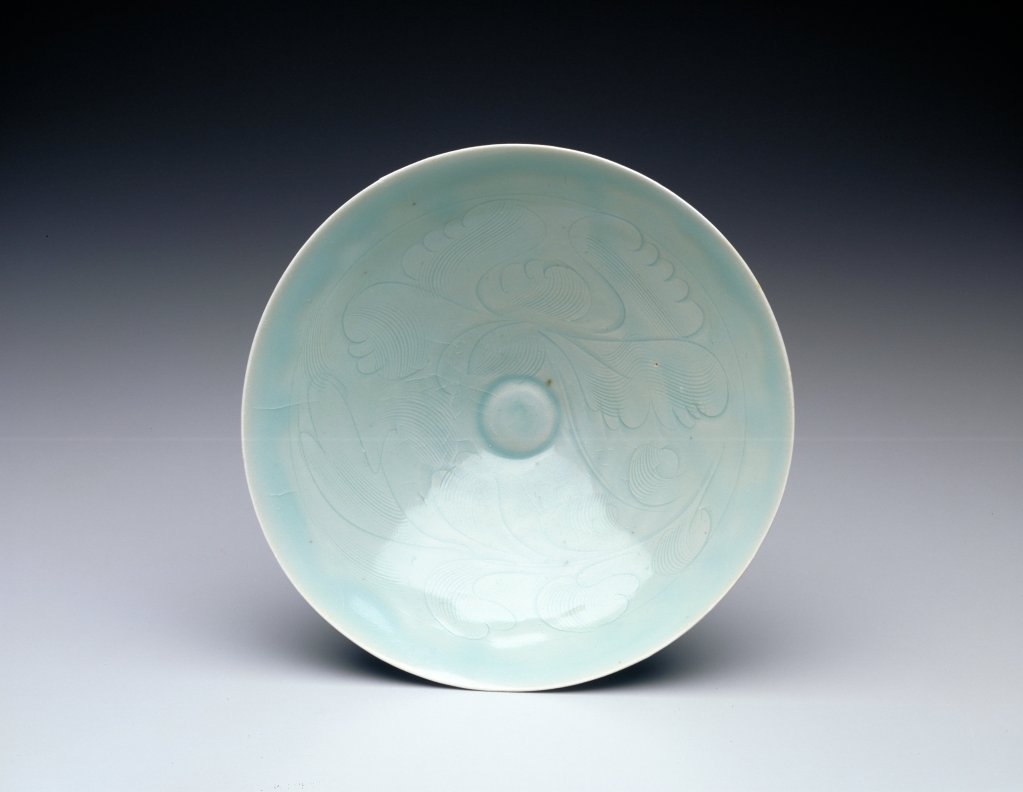 Small Bowl, 11th century.  Qingbai ware Porcelain with incised and combed décor under a light blue glaze