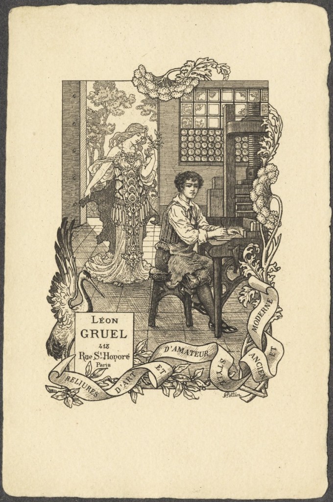 Bookbinder at his work table, behind him a woman (Muse?) dressed in a gown with elaborate decorations and holding a sprig of plant. Crane or pelican with wings displayed, lower left
