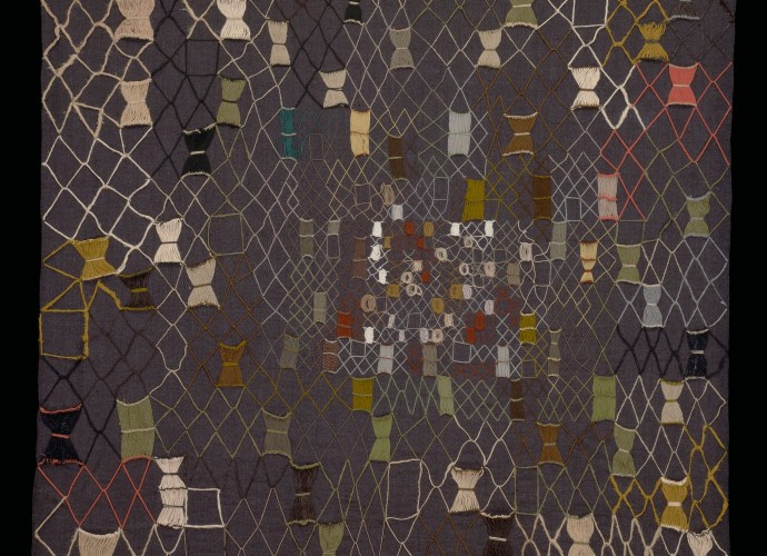 Mariska Karasz, Skeins, ca. 1950, linen, cotton, and wool, 53 1/2 x 50 1/4 in. (135.9 x 127.6 cm.),