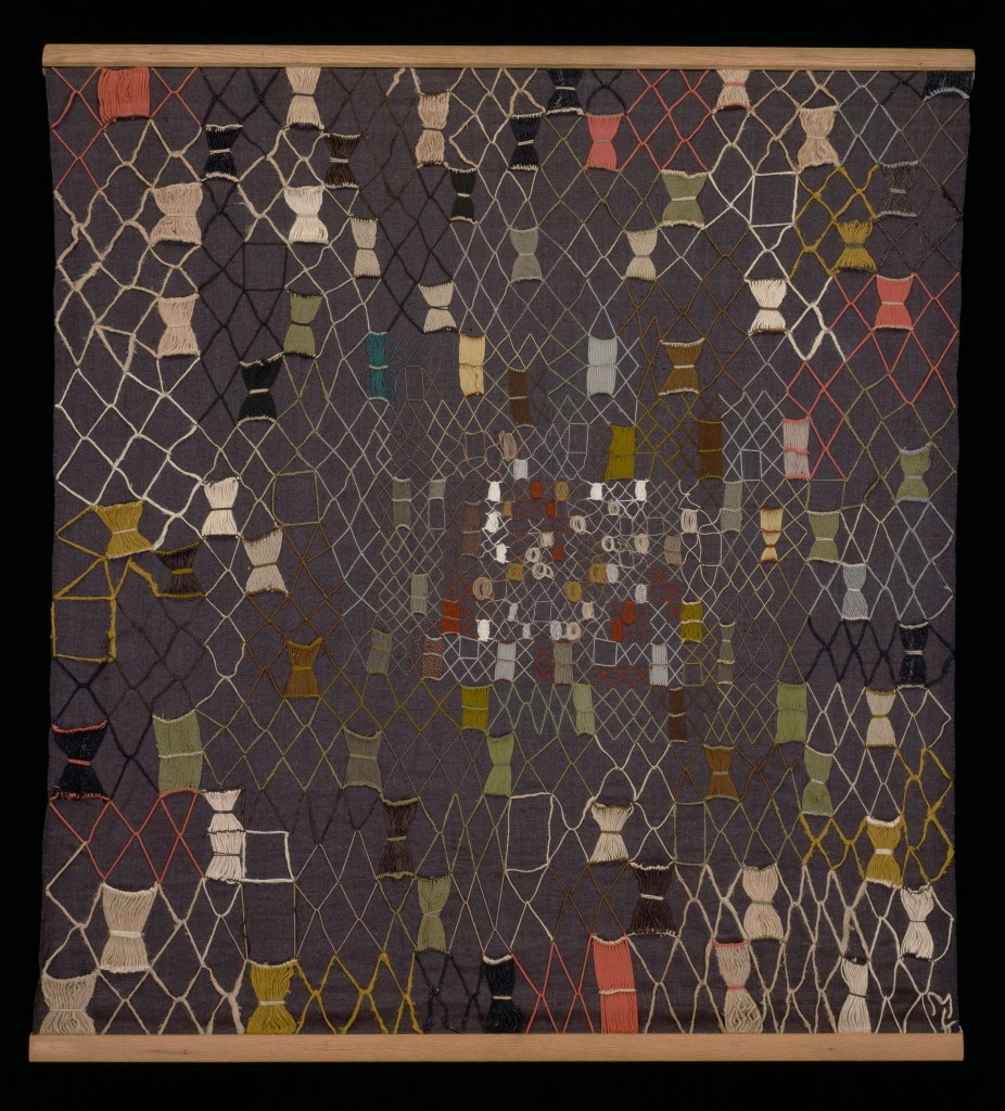 Mariska Karasz, Skeins, ca. 1950, linen, cotton, and wool, 53 1/2 x 50 1/4 in. (135.9 x 127.6 cm.),