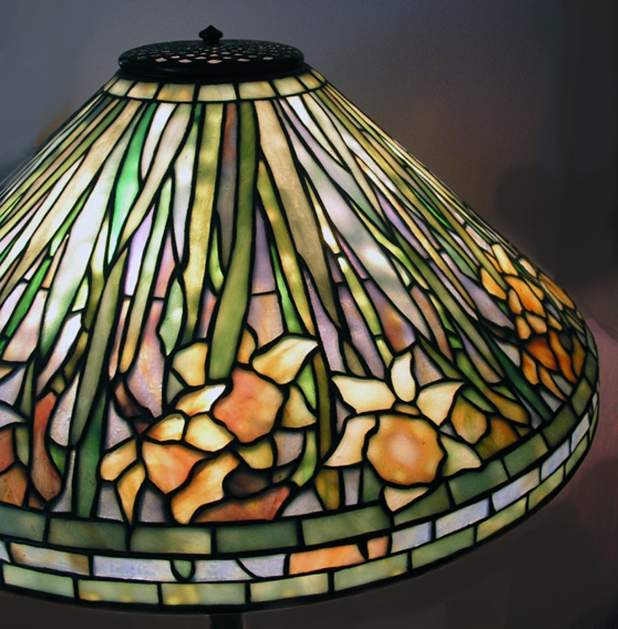 A very fine Tiffany "Daffodil" leaded glass table lamp (shade shown), designed by Clara Driscoll, Louis Comfort Tiffany & Co. head designer, Circa 1899-1920. (From a private collection, New York City.)