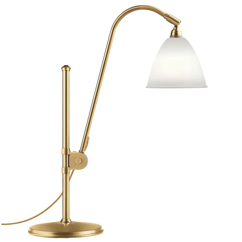 Bestlite BL1 table lamp designed by Robert Dudley Best, featuring a brass frame and bone china shade with adjustable height and angle.