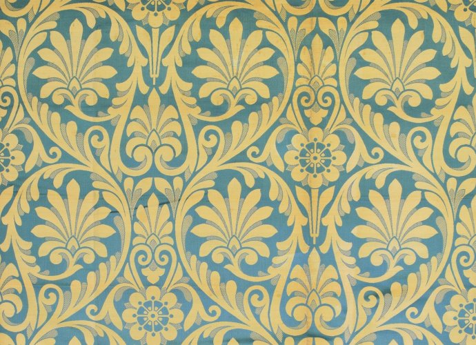 Woven silk furnishing fabric, petrol blue ground, yellow leaves