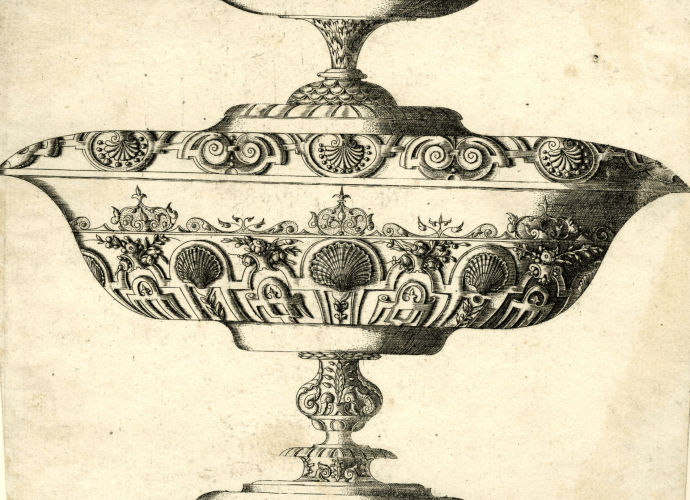 Print of Double bowl with three large shells; in strapwork by Mathias Zündt