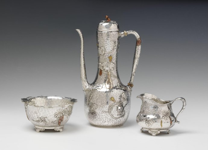 Coffee and milk jug and sugar bowl set designed by Edward Chandler Moore