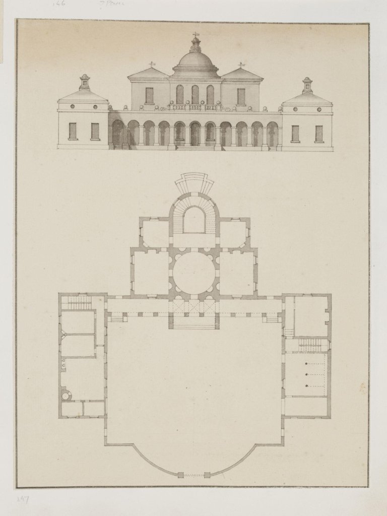 Design and plan of domed house with wings by Batty Langley