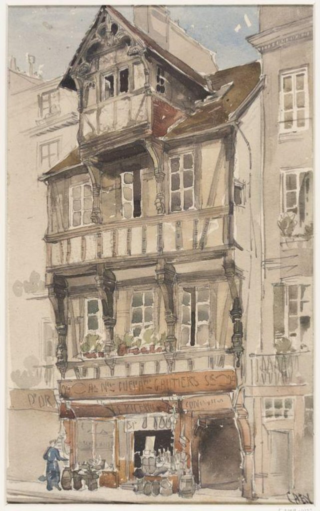 A watercolour drawing depicting a house in Caen France by William Richard Lethaby