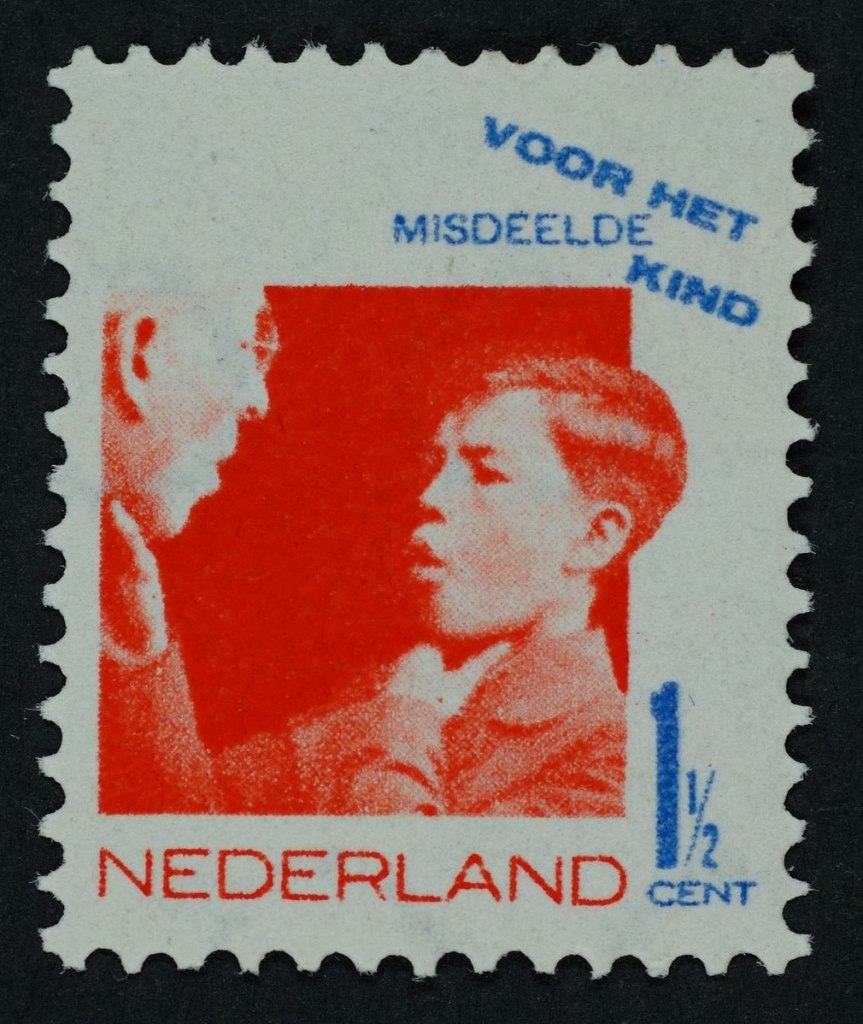 "Deaf and mute boy." Children's stamp from the Netherlands, 1931. For disadvantaged children. Design by Gerard Kiljan. NVPH-240.