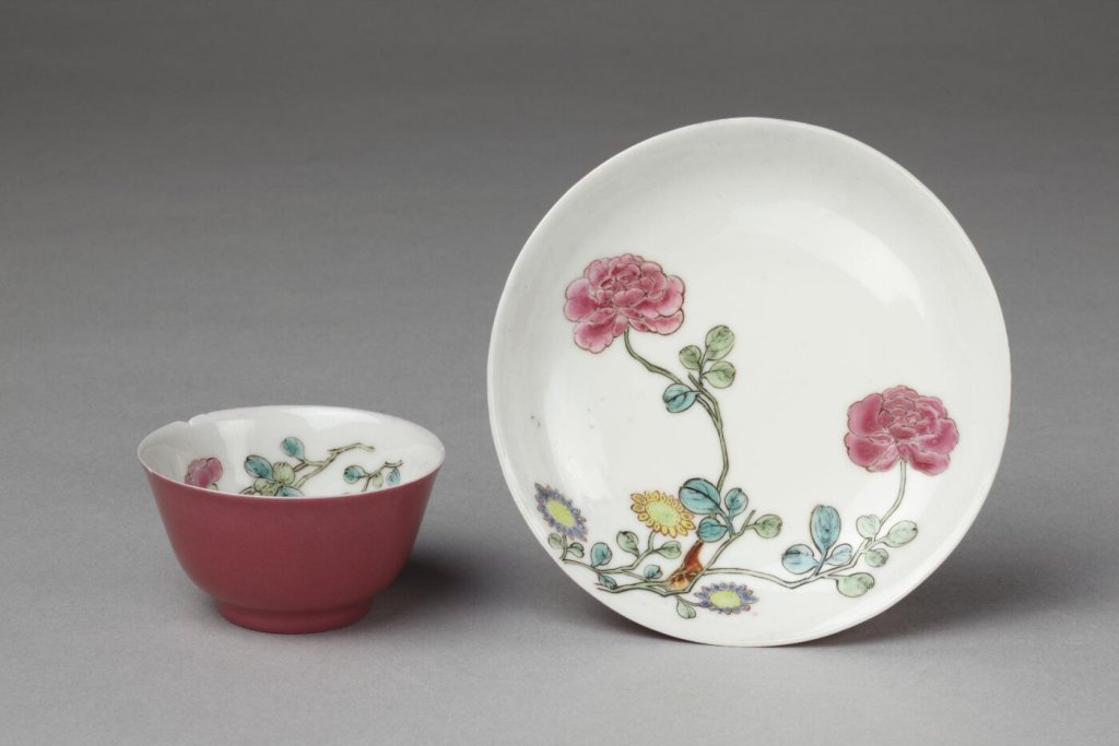Cup and saucer of 'eggshell' porcelain, painted in overglaze enamels in the famille rose palette