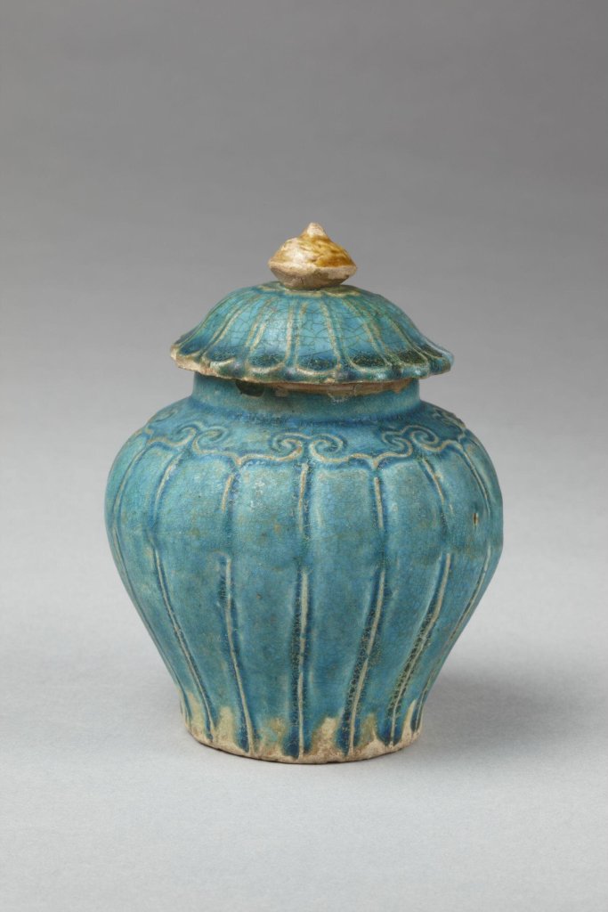 Jar and lid 1450 - 1550 made in China. Fahua ware. Jar and lid, stoneware with turquoise blue glaze; China, Ming dynasty