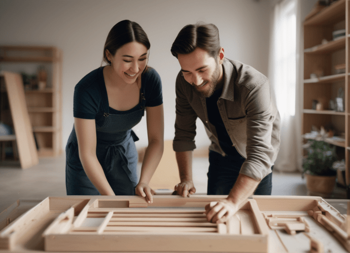 Husband and wife constructing a flat pack piece of furniture